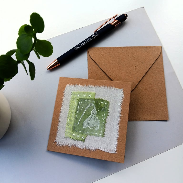 Textile Card with Hand Printed Snowdrop