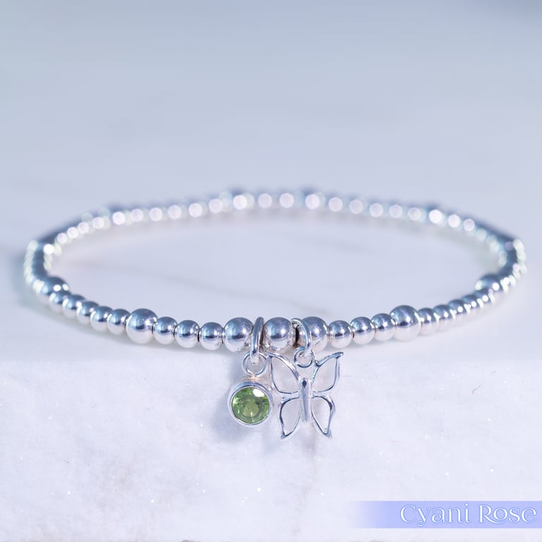 Butterfly Charm Bracelet Sterling Silver Stretchy green glass handmade 