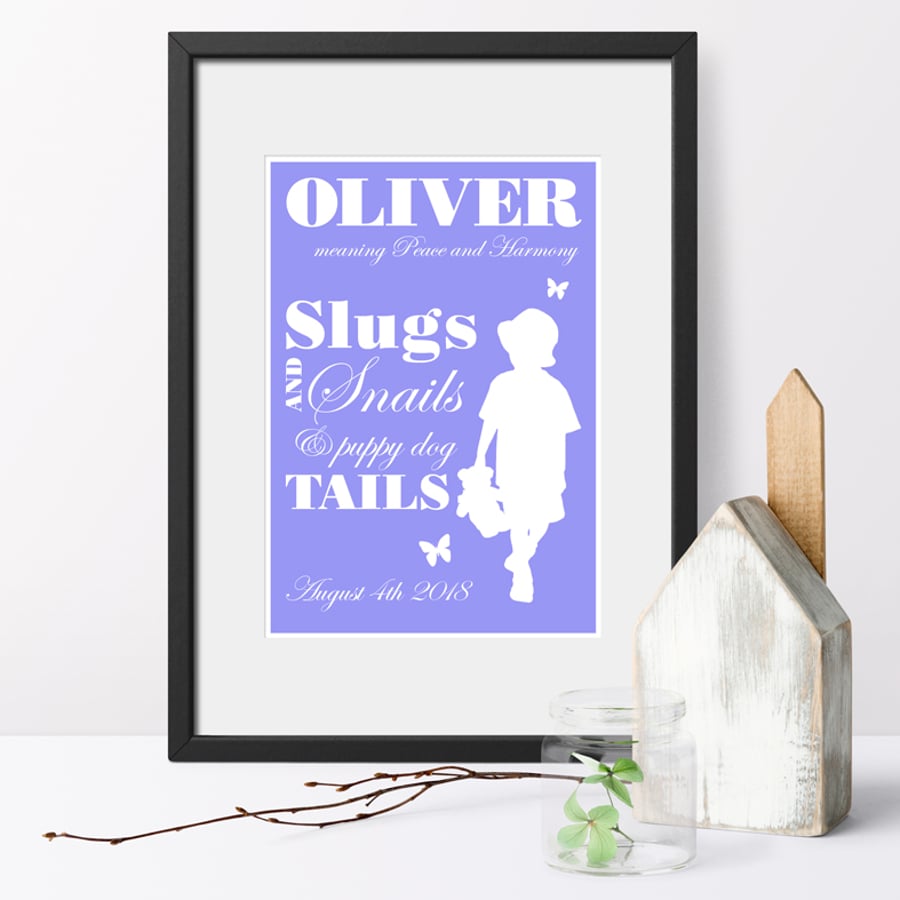Personalised Meaning of Name Slugs and Snails Print christening new baby gift
