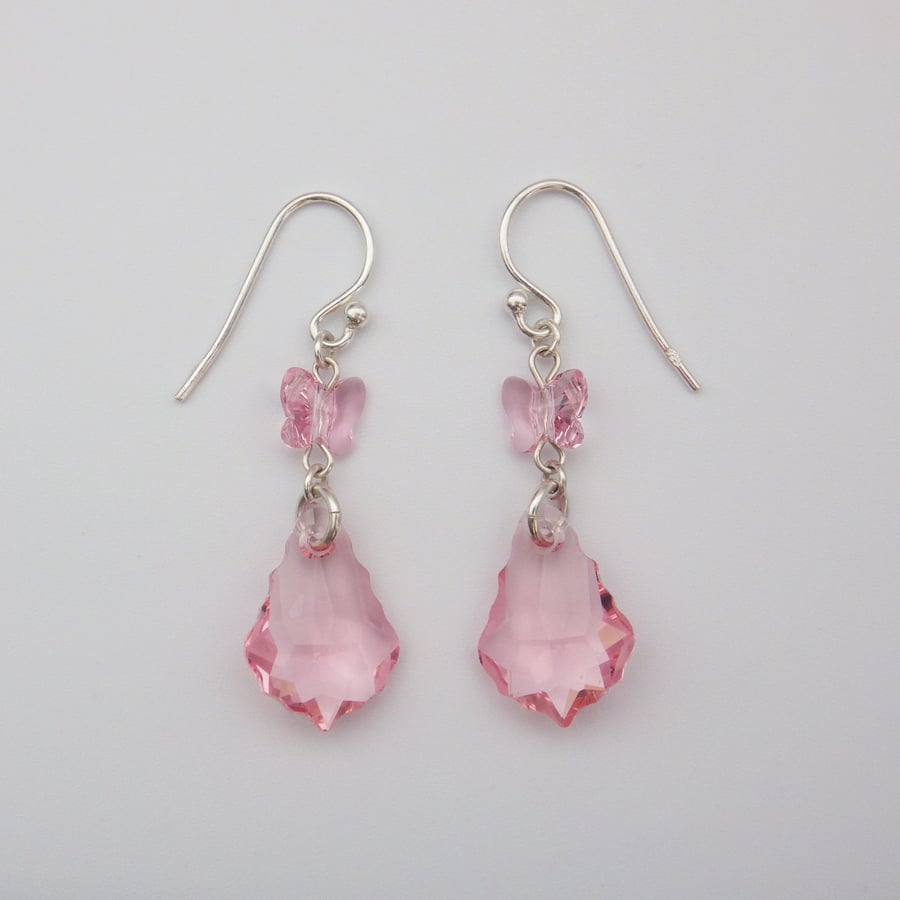 Rose pink Swarovski baroque drop earrings with Swarovski rose pink butterflies