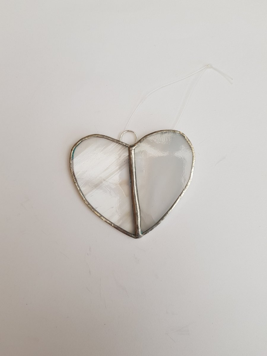 104 Stained Glass Small Two Piece White Heart - handmade hanging decoration.