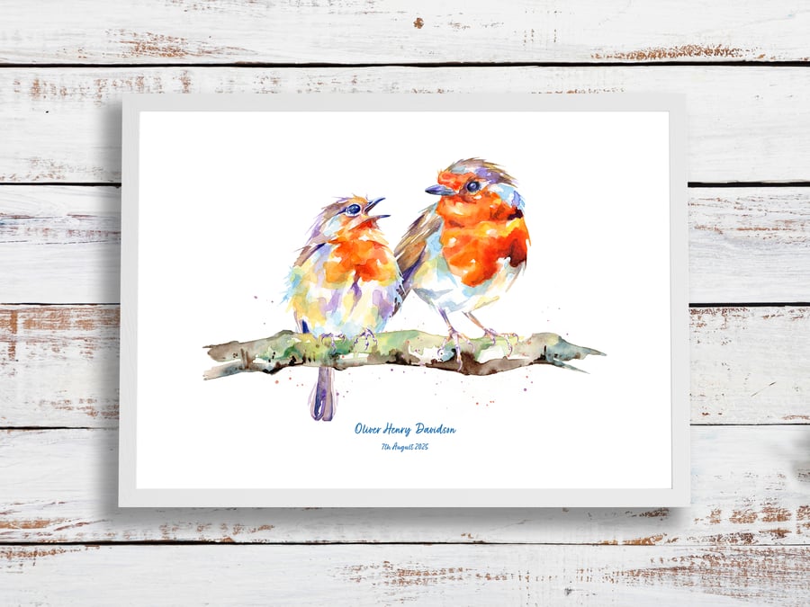 New baby gift - personalised robin family print - name and date of birth