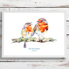 New baby gift - personalised robin family print - name and date of birth