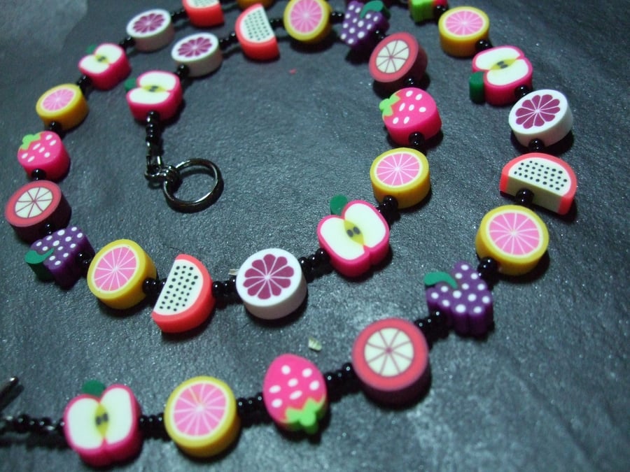 Tutti Frutti Collection Candied Fruits Kitsch Polymer Clay Necklace 18 inch