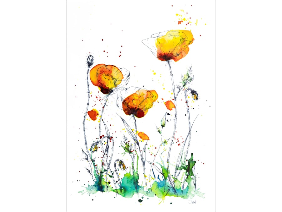 Yellow Poppy Meadow watercolour print featuring abstract flowers, painting
