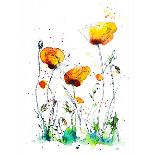 Yellow Poppy Meadow watercolour print featuring abstract flowers, painting