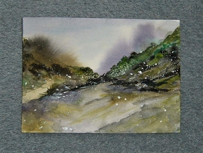  watercolour landscape original art painting Welsh Valley ( ref F 937 )