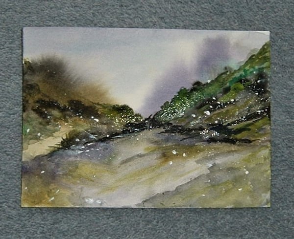  watercolour landscape original art painting Welsh Valley ( ref F 937 )