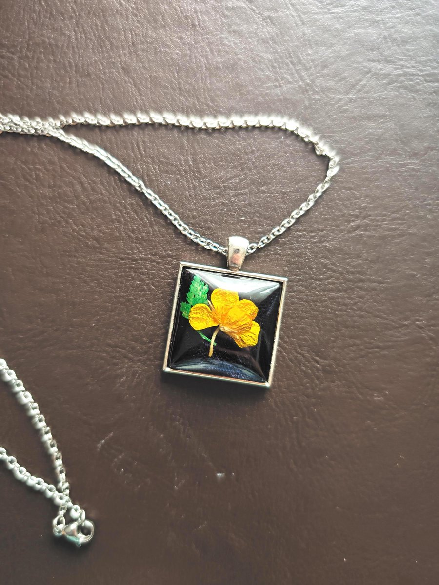 Real Yellow Flower Pendant: Black Resin Botanical Necklace, Stainless Steel Chai