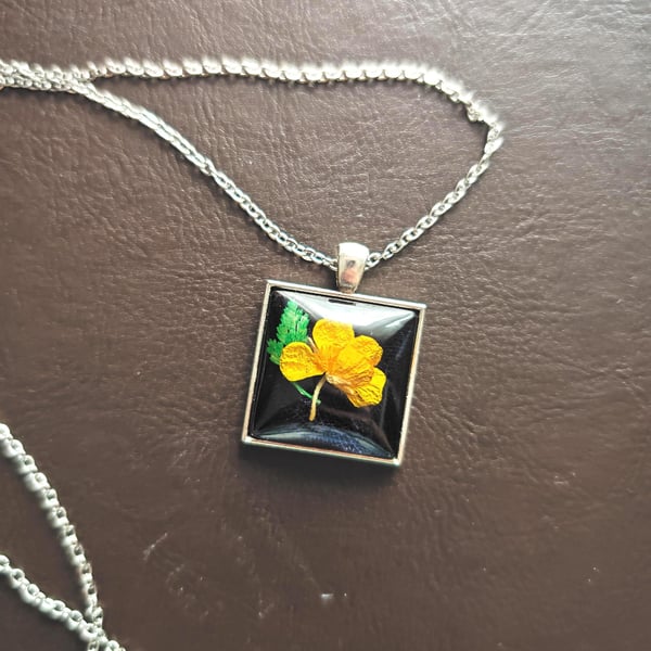 Real Yellow Flower Pendant: Black Resin Botanical Necklace, Stainless Steel Chai