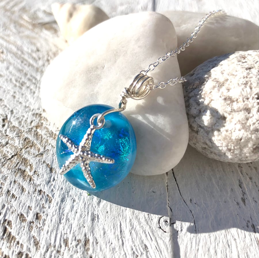 Pretty Sterling Silver &  Blue & Green Glass Necklace with Silver Starfish Charm