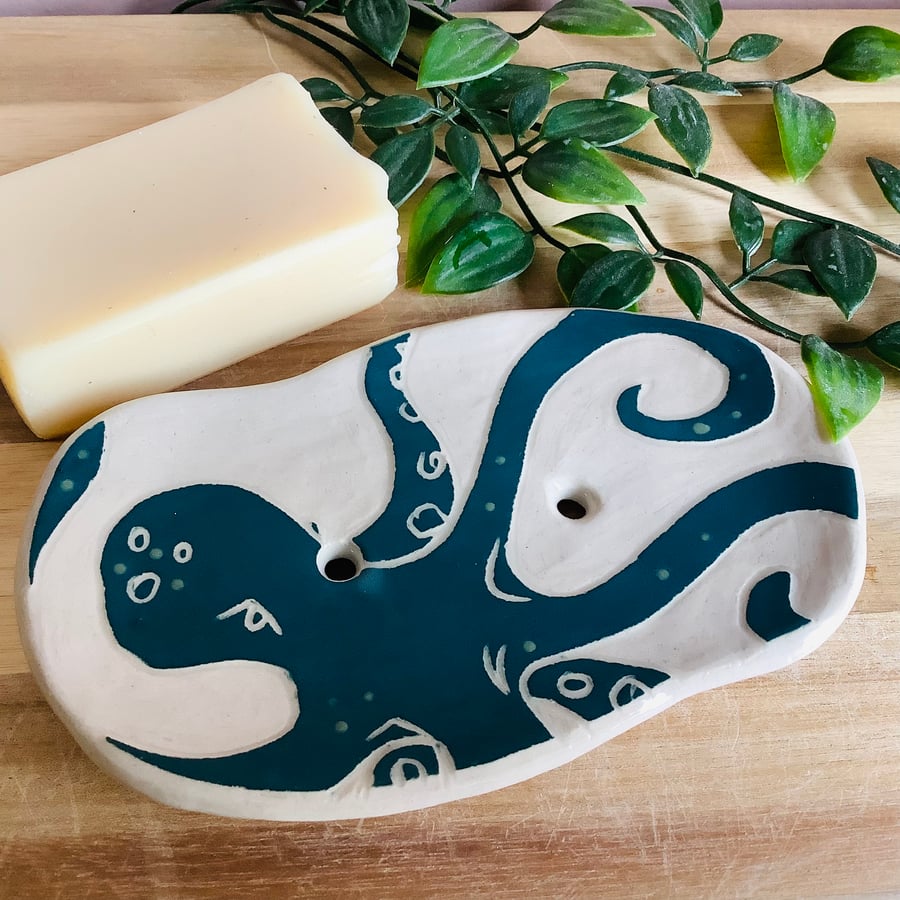 Handmade stoneware pottery octopus soap dish bathroom decor