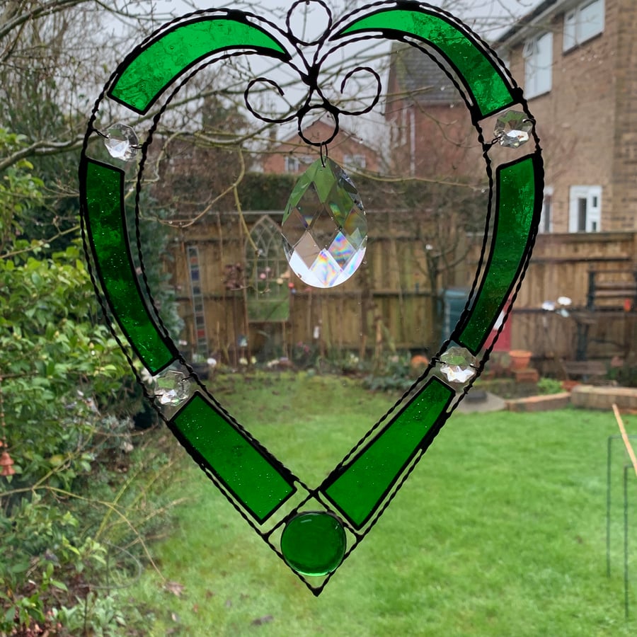 Stained Glass and Wire Heart Suncatcher - Handmade - Green