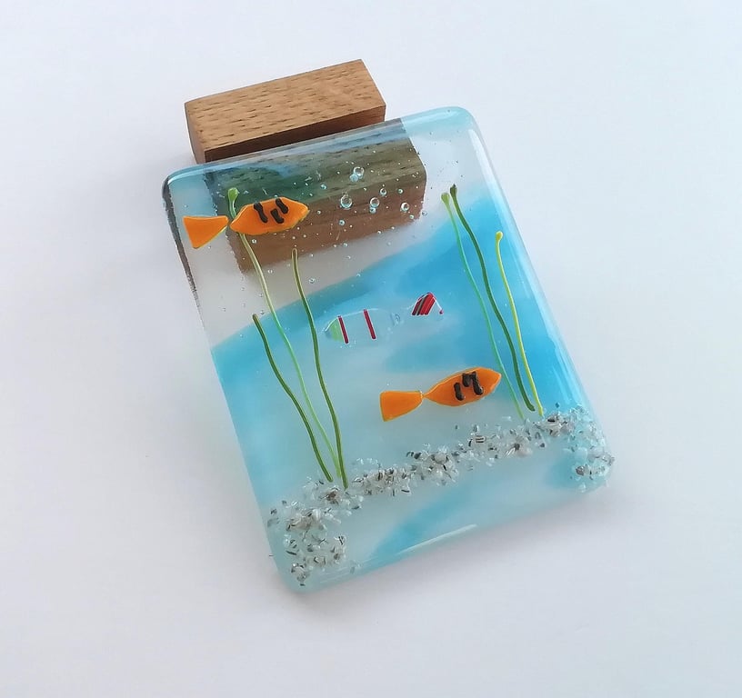 Fused Glass Fish Tank Scene: Desk Ornament with Oak Stand