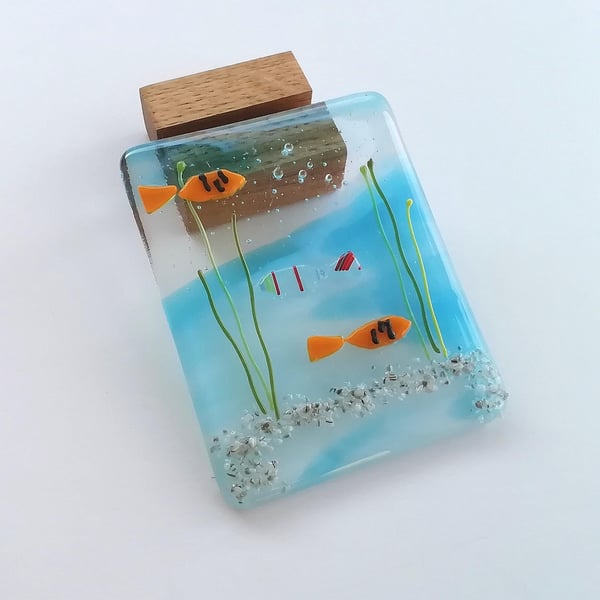 Fused Glass Fish Tank Scene: Desk Ornament with Oak Stand