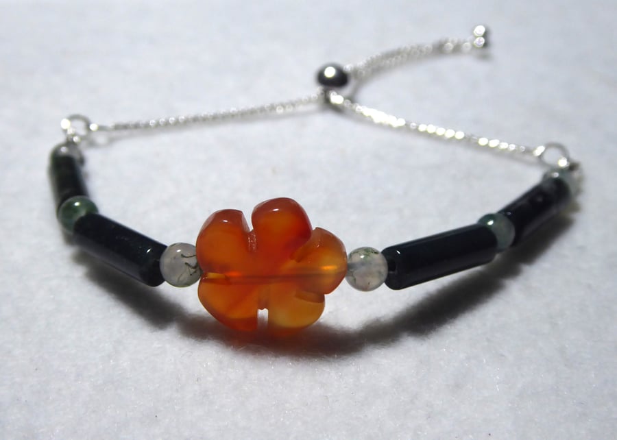 Sterling Silver Moss Agate Adjustable Bracelet Featuring Red Agate Flower  