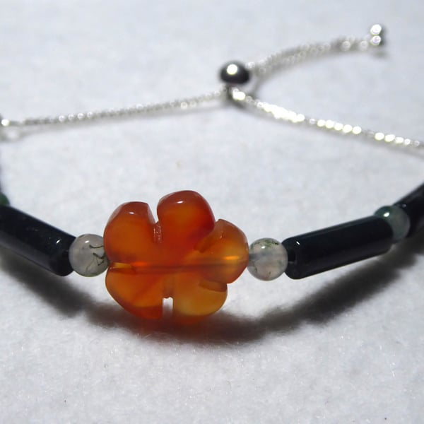 Sterling Silver Moss Agate Adjustable Bracelet Featuring Red Agate Flower  