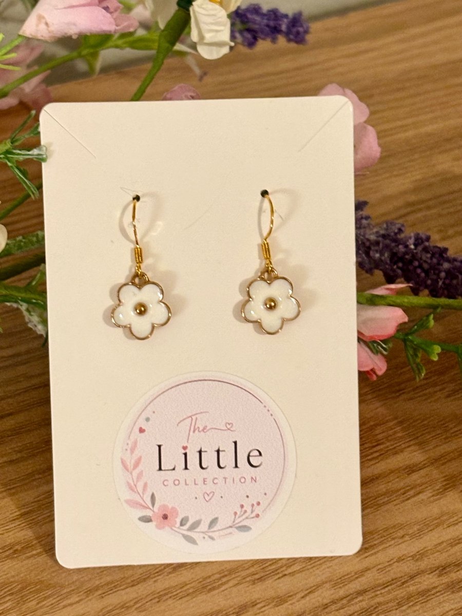 White Floral Dangle Earrings, Enamel Flower Charms, Handmade Jewellery