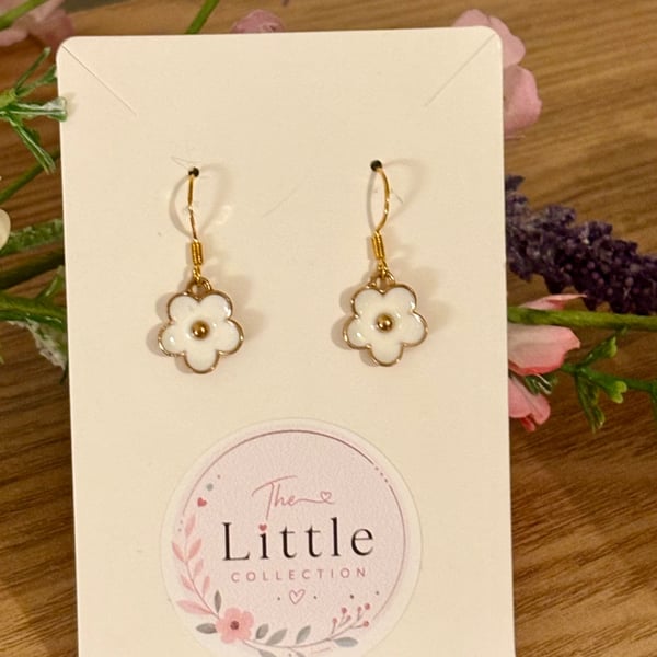 White Floral Dangle Earrings, Enamel Flower Charms, Handmade Jewellery