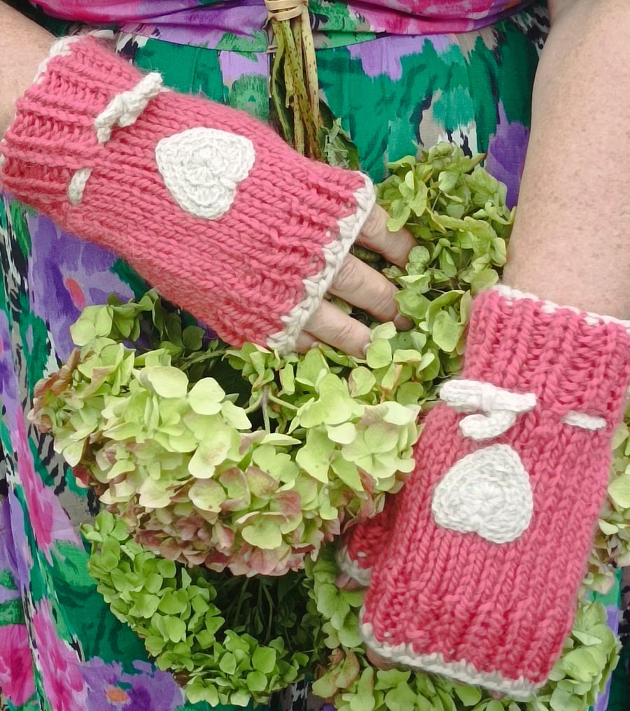 Hand knitted alpaca fingerless gloves with crochet heart  