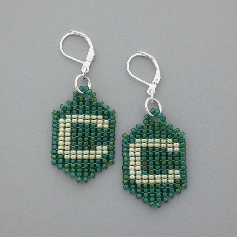 Letter C glass beaded earrings with silver plated leverback hinged ear wires. 