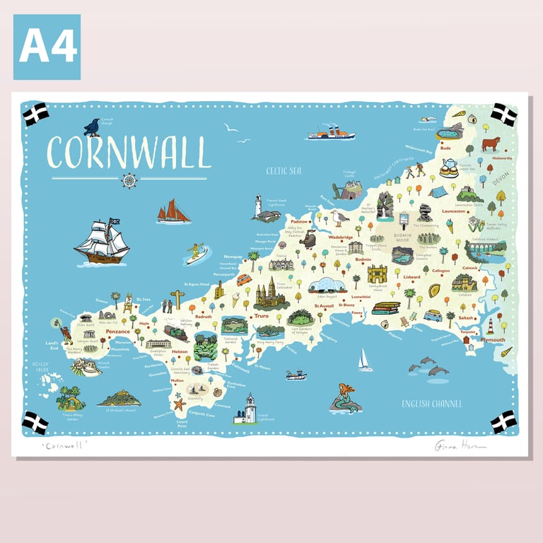 Cornwall illustrated wall map poster A4