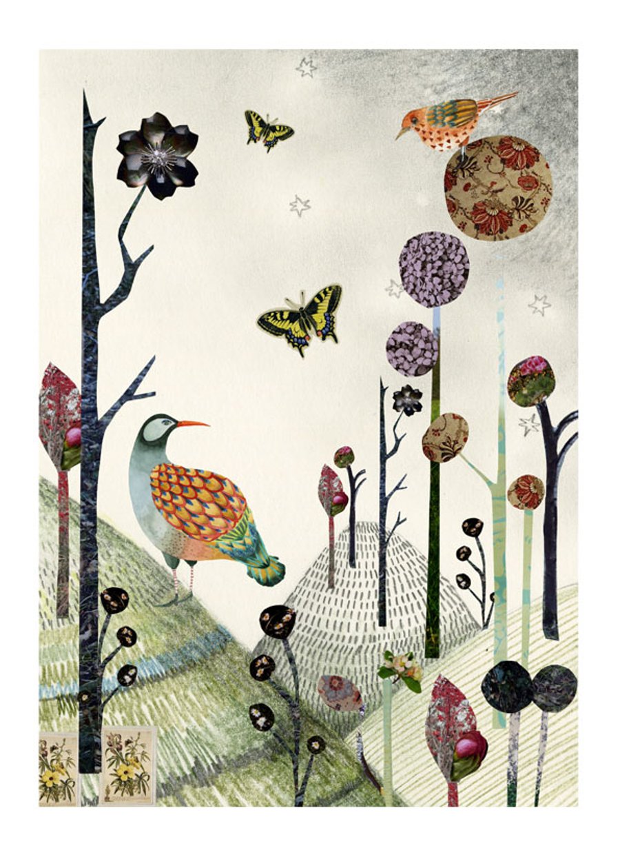 Flower print with birds, trees in landscape 8x11