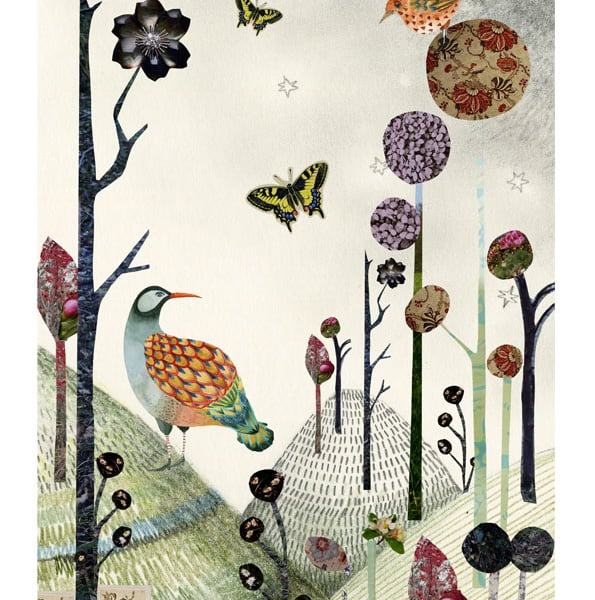 Flower print with birds, trees in landscape 8x11