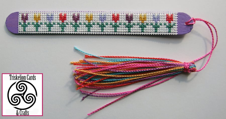 Tulips Cross Stitched Wooden Bookmark with Multicoloured Tassel