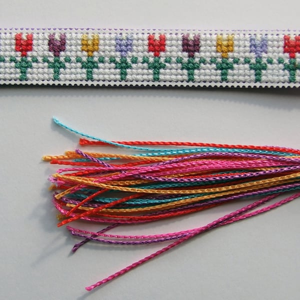 Tulips Cross Stitched Wooden Bookmark with Multicoloured Tassel