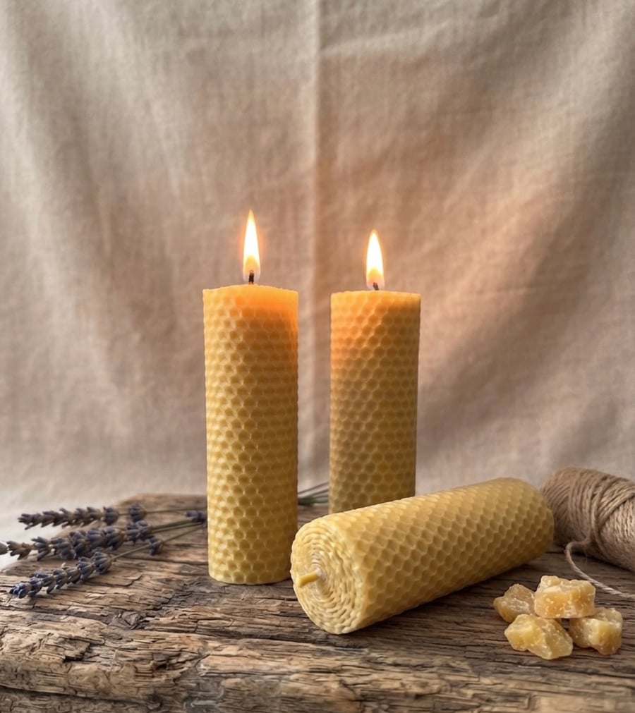 Set of 2 Medium Beeswax Pillar Candle 12.5 cm Handmade Pure Natural Candle