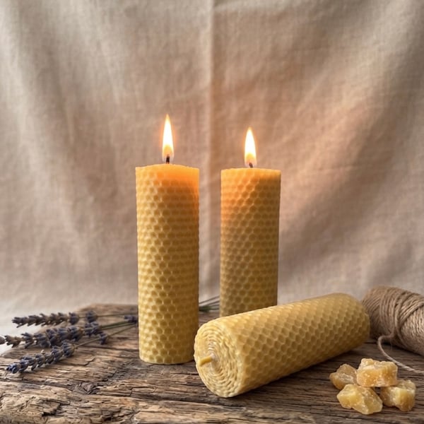 Set of 2 Medium Beeswax Pillar Candle 12.5 cm Handmade Pure Natural Candle