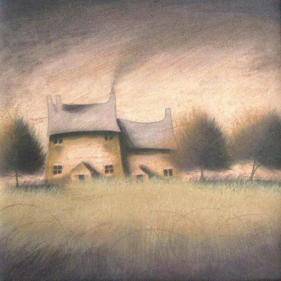 In For The Night - Framed Original Landscape House Tree Painting, Free Shipping