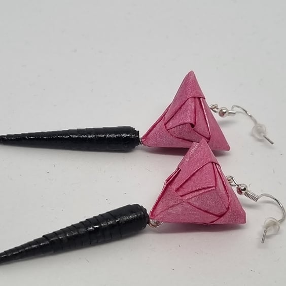 Pink pearlescent and black paper earrings