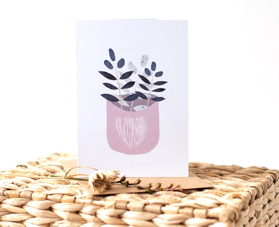 Modern Botanically Inspired Blank Greeting Card - Blue Leaves in Pink Pot 