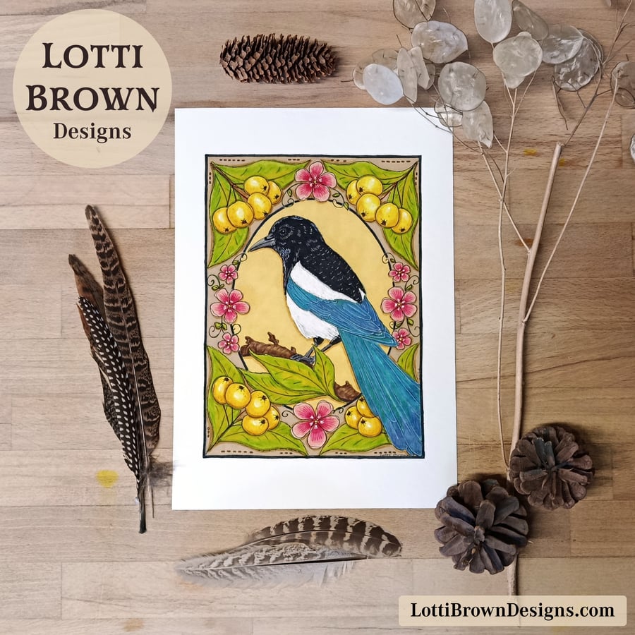 Magpie Art Print (A4) - Hand-Drawn British Bird Illustration with Crab Apples