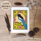 Magpie Art Print (A4) - Hand-Drawn British Bird Illustration with Crab Apples