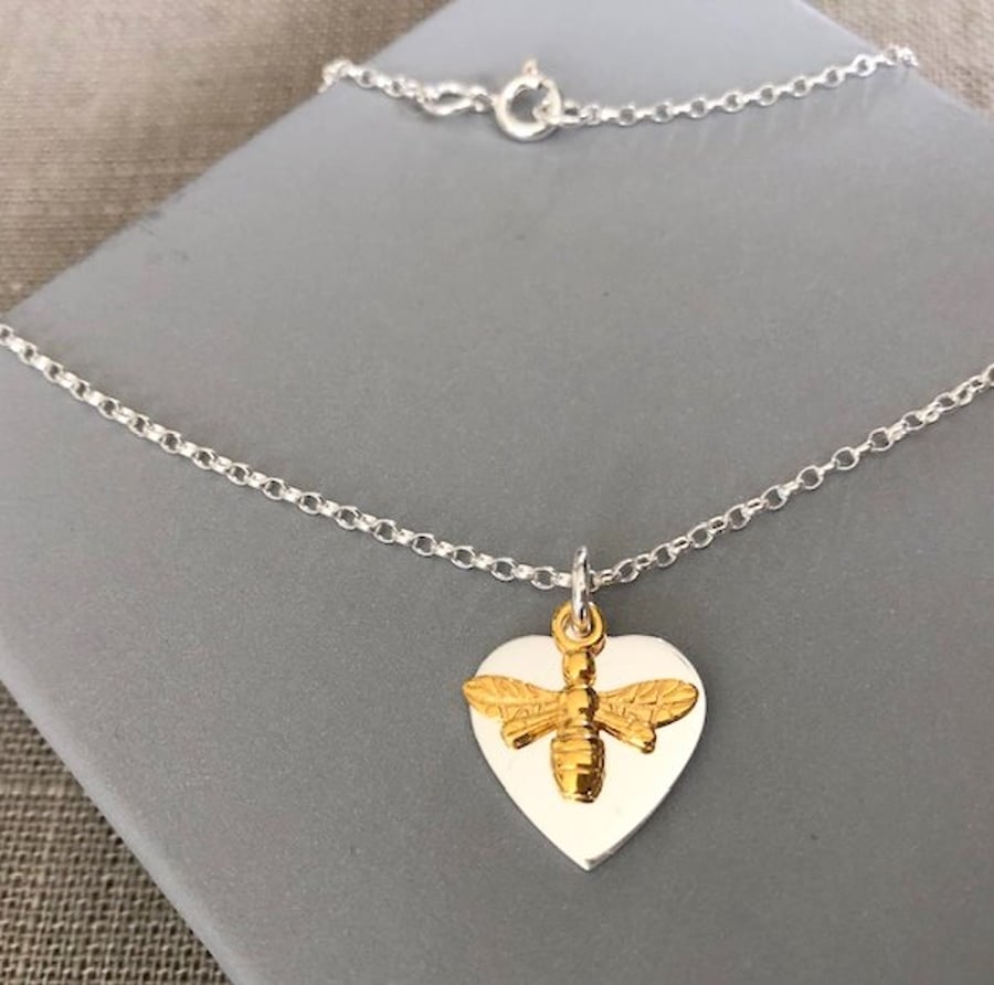 Sterling Silver Gold Bee Charm Heart Necklace