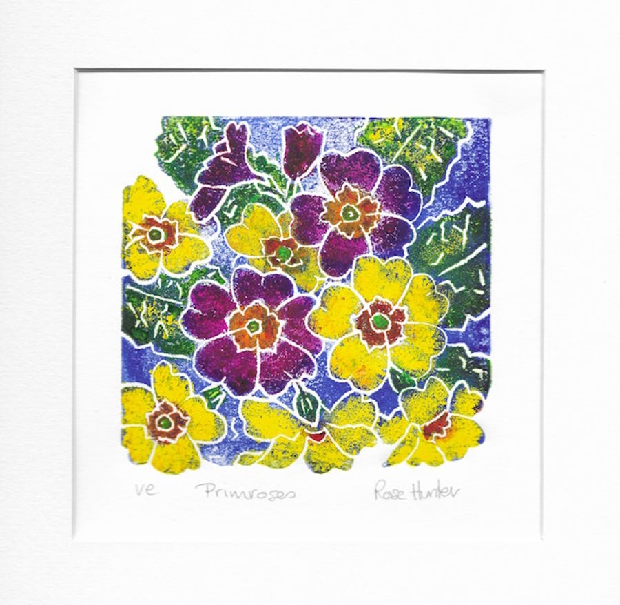 Primroses - original handpainted lino print 001