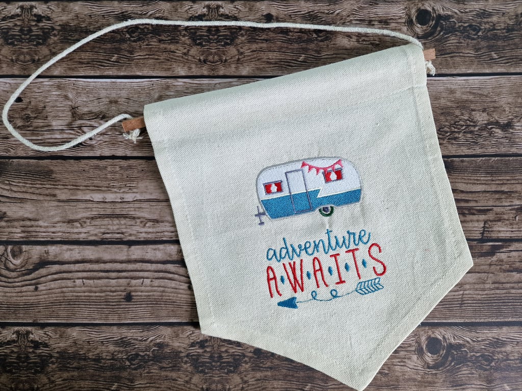 Embroidered Pennant Flag adventure awaits caravan wall hanging