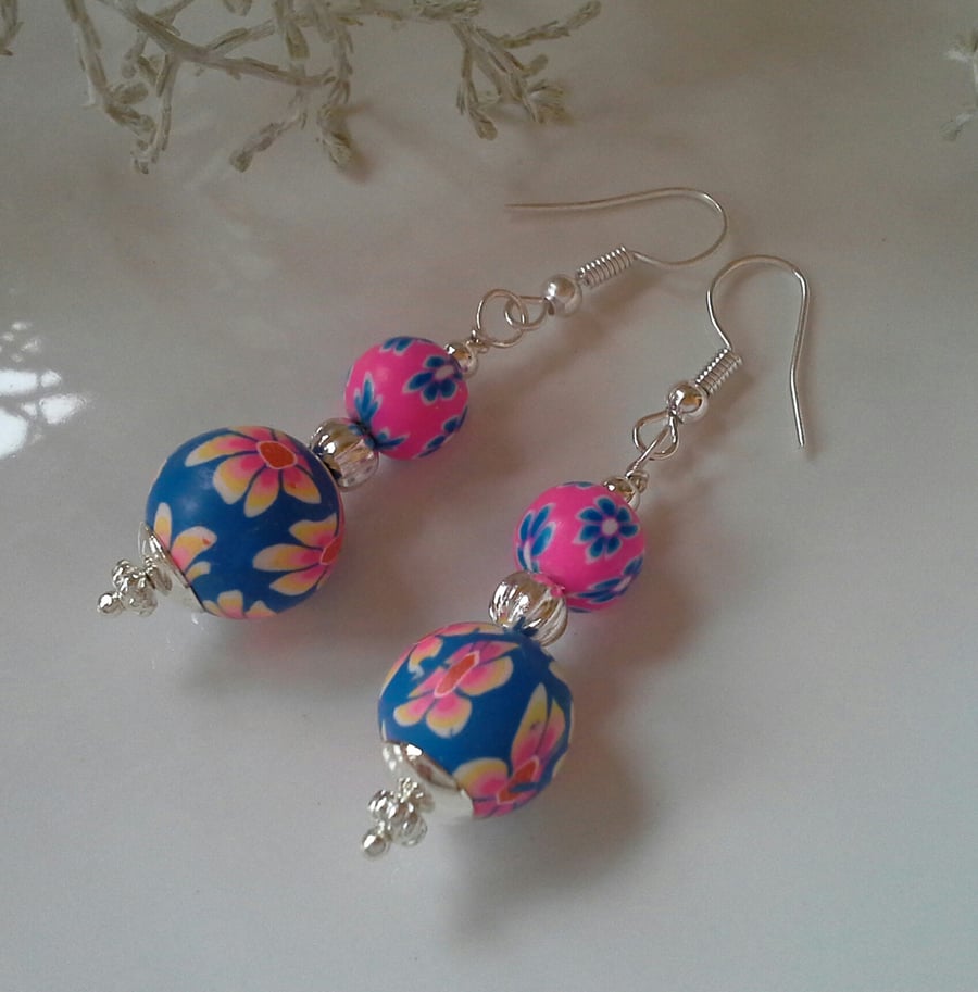 Pretty,  Feminine, Polymer Clay Silver Plated Earrings