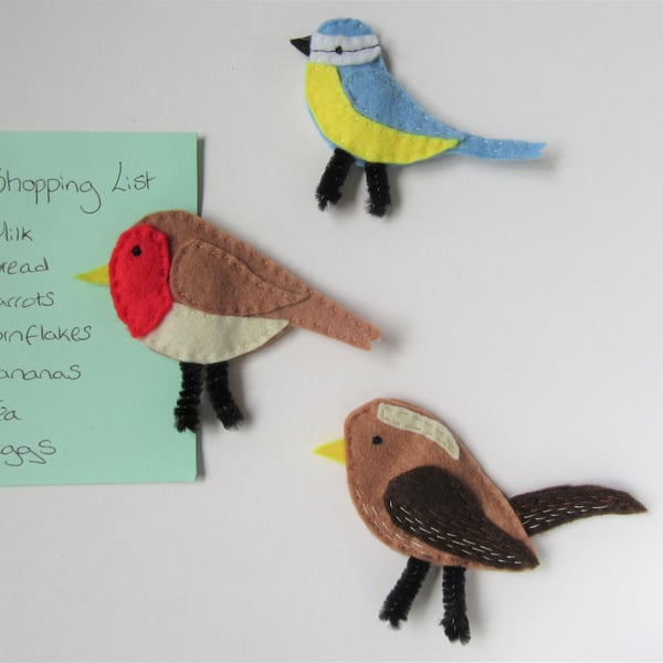 British garden birds felt notice board magnets, kitchen decor, home office decor