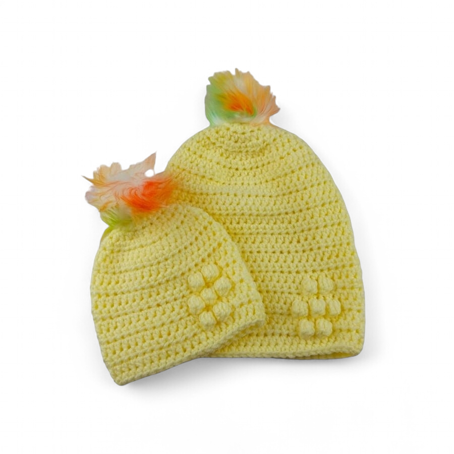 Mummy and Baby Matching Crochet Hats Yellow Pom Pom Set Handmade Newborn Gift