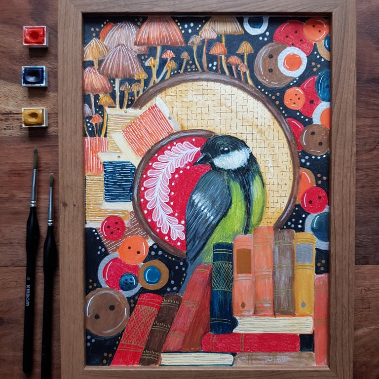 Mushrooms, buttons, books and songbird 