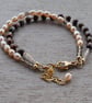 Double Strand Bracelet - Peach and Brown Pearls with Quartz - Adjustable Clasp - Image 2