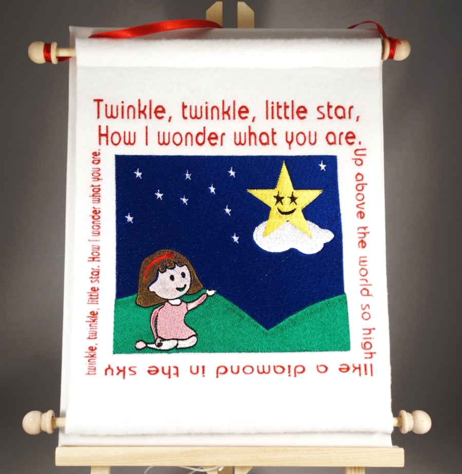Twinkle, Twinkle Little Star.Hand Crafted, Embroidered Nursery Rhyme Wall Hanger