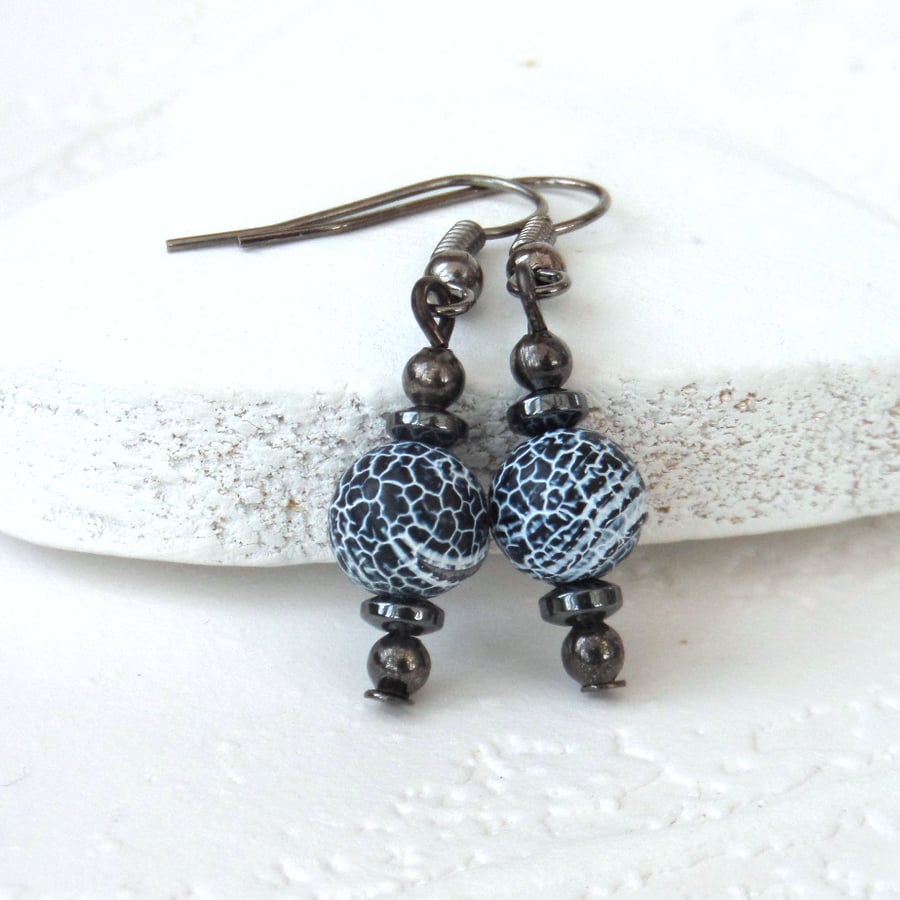 Black and white fire agate earrings, monochrome earrings with hematite