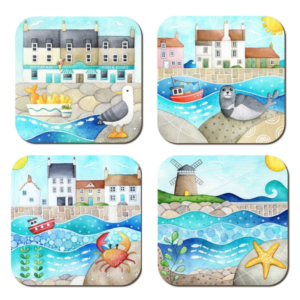 Seaside Coasters (Set of 4) Scottish Watercolour Art - East Neuk Seagull, Seal