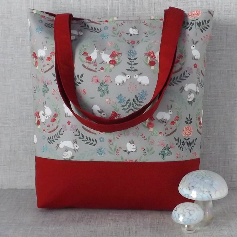 Tote bag, shopping bag, rabbits, mushrooms