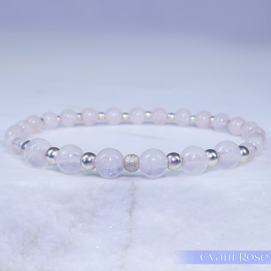 Bracelet Sterling Silver and Rose Quartz gemstones stretchy beaded handmade 